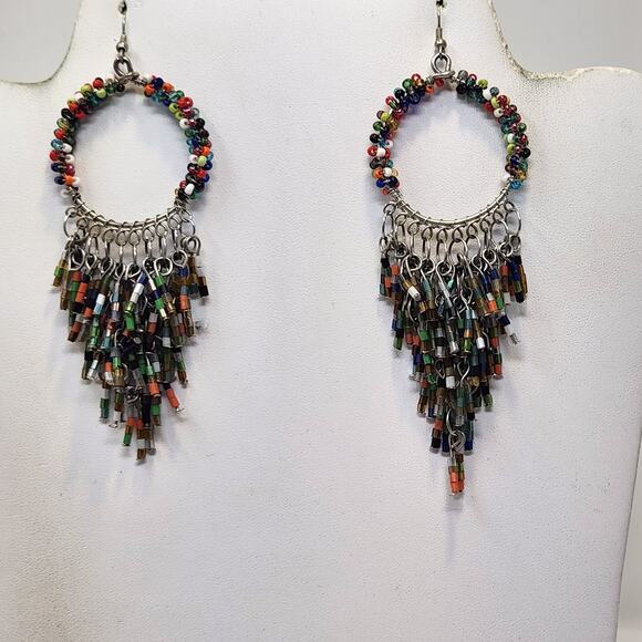 Sassy Jones Seed Bead Dangle Hook Fringe Earrings Silver Tone Statement Jewelry - Picture 1 of 5